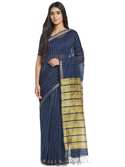 Fabindia - Navy Blue Hand Woven Cotton Silk Saree