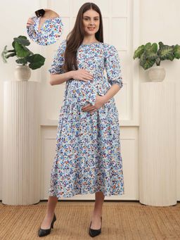 Moms Maternity - Premium Cotton Floral Midi Maternity Dress
