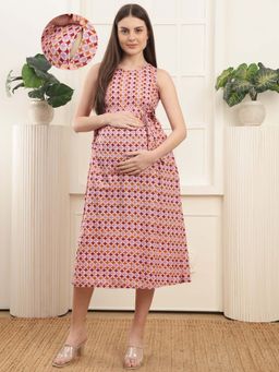 Moms Maternity - Premium Cotton Printed Sleeveless Nursing Maternity Dress