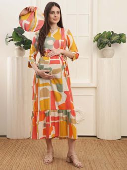 Moms Maternity - Cotton Printed Round Neck Feeding Maternity Maxi Dress
