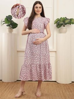 Moms Maternity - Cotton Floral Printed Flutter Feeding Maternity Midi Dress