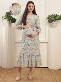 Moms Maternity - Cotton Wave Printed Feeding Maternity Midi Dress