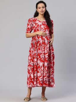 Swishchick - Red Cotton Floral Print Concealed Feeding Zip Maternity Dress