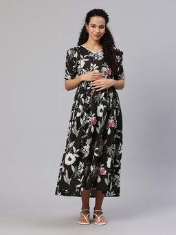 Swishchick - Black Cotton Floral Print Concealed Feeding Zip Maternity Dress