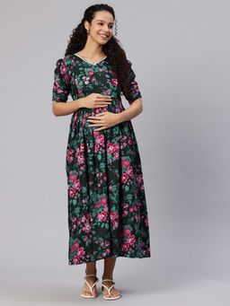 Swishchick - Green Cotton Floral Print Concealed Feeding Zip Maternity Dress