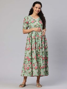 Swishchick - Green Cotton Floral Print Concealed Feeding Zip Maternity Dress