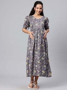 Swishchick - Grey Cotton Floral Print Concealed Feeding Zip Maternity Dress