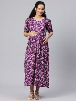 Swishchick - Purple Cotton Floral Print Concealed Feeding Zip Maternity Dress