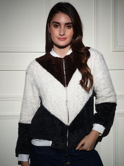 Tandul - Brown Stylish Color Block Fur Jacket