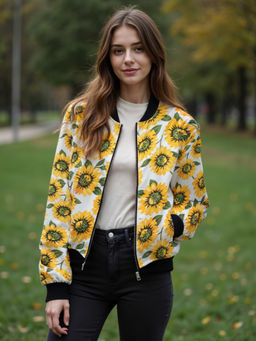 Tandul - White Floral Print Varsity Jacket