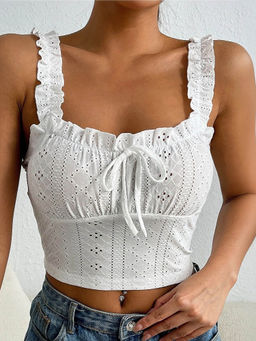 Outzidr - White Ruffle Shoulder Strap Crop Top