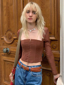 Outzidr - Brown Front Zip Square Neck Top