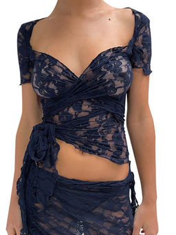 Outzidr - Blue Laced Sweetheart Neck Wrapped Top