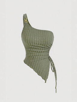 Outzidr - Green One Shoulder Side Ruched Top