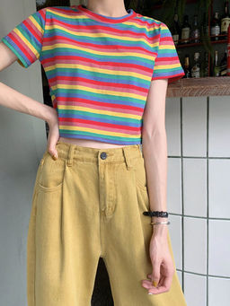 Outzidr - Multicolour Striped Oversized T-Shirt