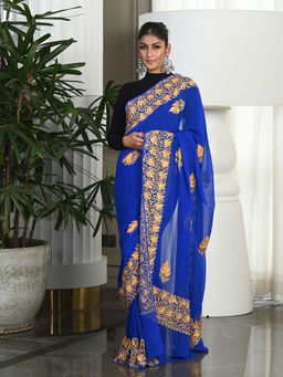 Beatitude - Blue Hand Embroidered Kashmiri Broad Border Saree with Unstitched Blouse