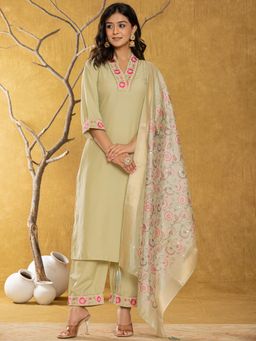 Yufta - Green Silk Blend Pakistani Style Kurta and Pants with Dupatta (Set of 3)
