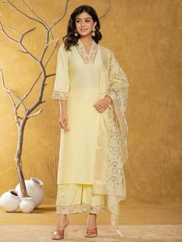 Yufta - Yellow Silk Blend Pakistani Style Kurta and Pants with Dupatta (Set of 3)