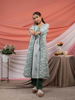 Yufta - Green Floral Print Cotton A-Line Kurta and Pants with Jacket (Set of 3)