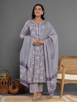 Yufta - Purple Mirror Work Cotton Anarkali Kurta and Pants with Dupatta (Set of 3)
