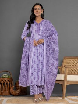 Yufta - Purple Cotton Ethnic Motifs Anarkali Kurta and Pants with Dupatta (Set of 3)