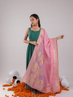 Yufta - Green Solid Silk Blend Anarkali Kurta Trousers and Dupatta (Set of 3)