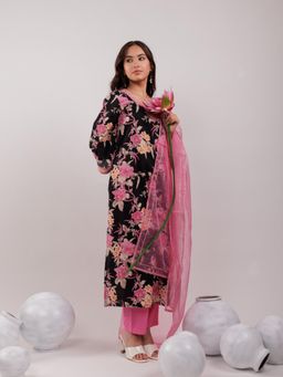 Yufta - Black Floral Kurta Trousers with Dupatta (Set of 3)