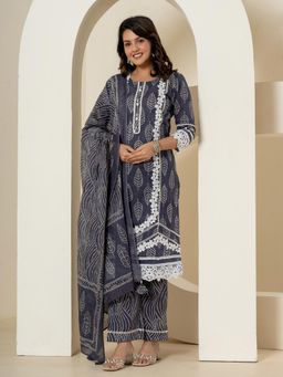 Yufta - Navy Blue Straight Kurta and Pants with Dupatta (Set of 3)