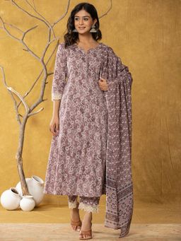 Yufta - Purple Cotton Anarkali Kurta and Trousers with Dupatta (Set of 3)