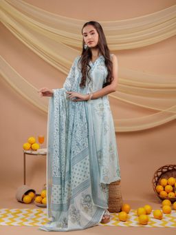 Yufta - Cotton Blue Sleeveless Kurta and Pants with Dupatta (Set of 3)