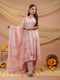Yufta - Cotton Pink Sleeveless Kurta and Pants with Dupatta (Set of 3)