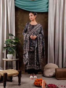 Yufta - Pure Muslin Silk Black Kurta and Pants with Dupatta (Set of 3)