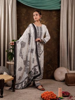 Yufta - White Cotton Paisley Straight Kurta and Pants with Dupatta (Set of 3)