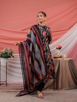 Yufta - Chanderi Black Printed Kurta and Pants with Dupatta (Set of 3)