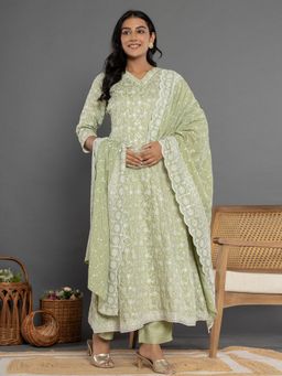 Yufta - Green Cotton Silk Embroidered Anarkali Kurta and Pants with Dupatta (Set of 3)