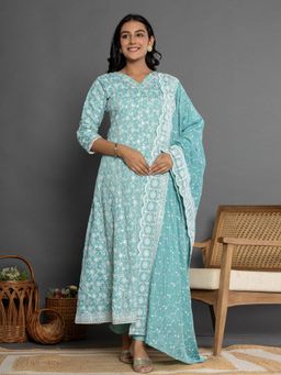 Yufta - Blue Cotton Silk Embroidered Anarkali Kurta and Pants with Dupatta (Set of 3)