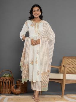 Yufta - White Cotton Anarkali Kurta and Pants with Dupatta (Set of 3)
