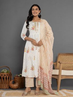 Yufta - Pink Cotton Anarkali Kurta and Pants with Dupatta (Set of 3)