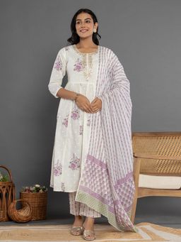 Yufta - Purple Cotton Anarkali Kurta and Pants with Dupatta (Set of 3)