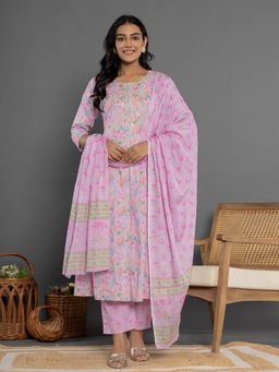 Yufta - Cotton Lavender Anarkali Kurta and Pants with Dupatta (Set of 3)