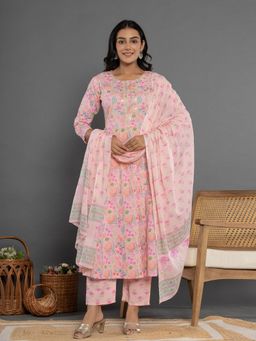 Yufta - Cotton Peach Anarkali Kurta and Pants with Dupatta (Set of 3)