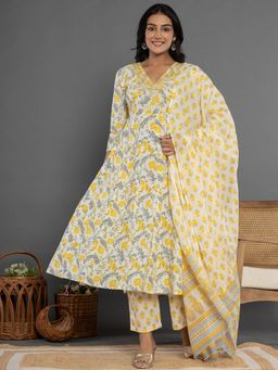 Yufta - Mustard Beads & Stones Cotton Anarkali Kurta and Pants with Dupatta (Set of 3)