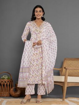 Yufta - Purple Beads & Stones Cotton Anarkali Kurta and Pants with Dupatta (Set of 3)