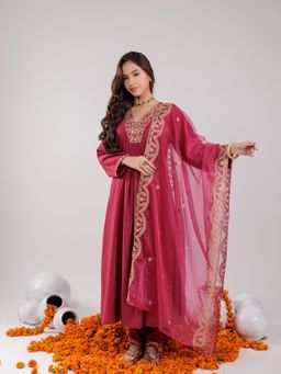 Yufta - Hot Pink Silk Embroidered Kurta and Pants with Dupatta (Set of 3)