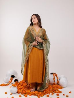 Yufta - Mustard Silk Embroidered Kurta and Pants with Dupatta (Set of 3)