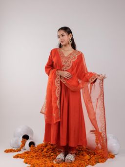 Yufta - Orange Silk Embroidered Kurta and Pants with Dupatta (Set of 3)