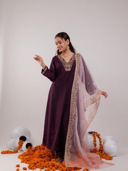 Yufta - Purple Silk Embroidered Kurta and Pants with Dupatta (Set of 3)