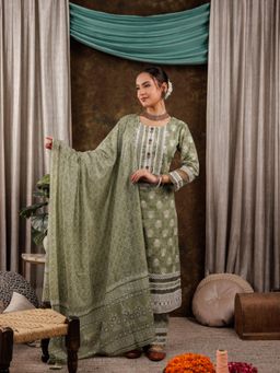 Yufta - Green Ethnic Motifs Pure Cotton Kurta and Pants with Dupatta (Set of 3)