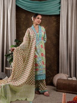 Yufta - Green Floral Kurta and Pants with Dupatta (Set of 3)
