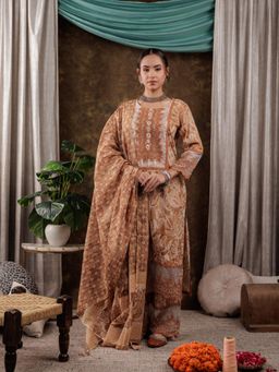 Yufta - Brown Cotton Kurta and Pants with Dupatta (Set of 3)